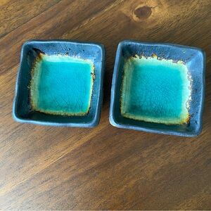 Square Stoneware Ceramic Sauce Dishes Set of 2 Asian Style